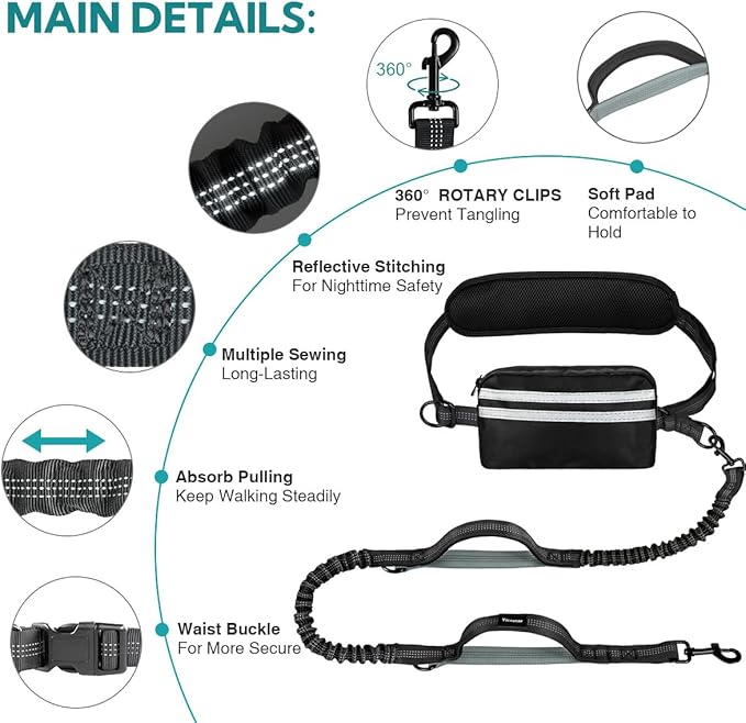 Hands Free Dog Leash with Pouch, Retractable Bungee, Double Padded Handles for Walking, Waist Leash for Medium &amp; Large Dogs, Walking Accessories
