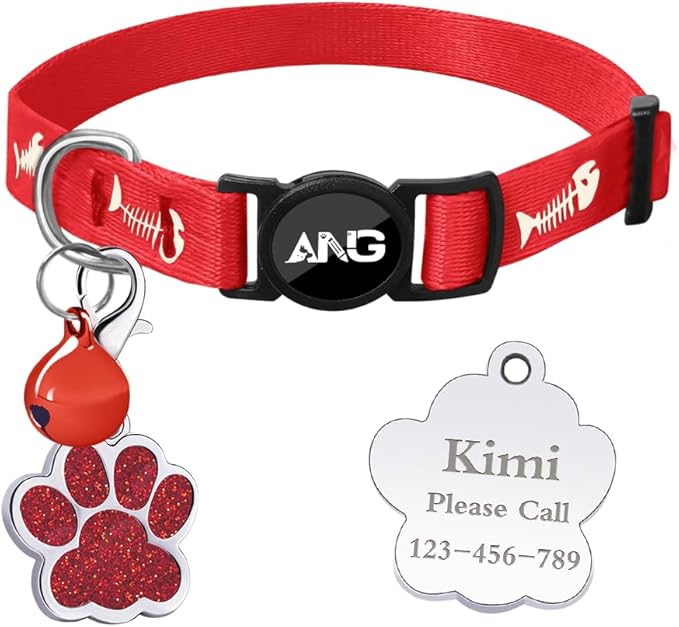 Personalized Breakaway Cat Collars Glow-in-The-Dark with ID Tag, Bell - Safety Quick - Release, Customizable for Female Male Kittens &amp; Cats (Red)
