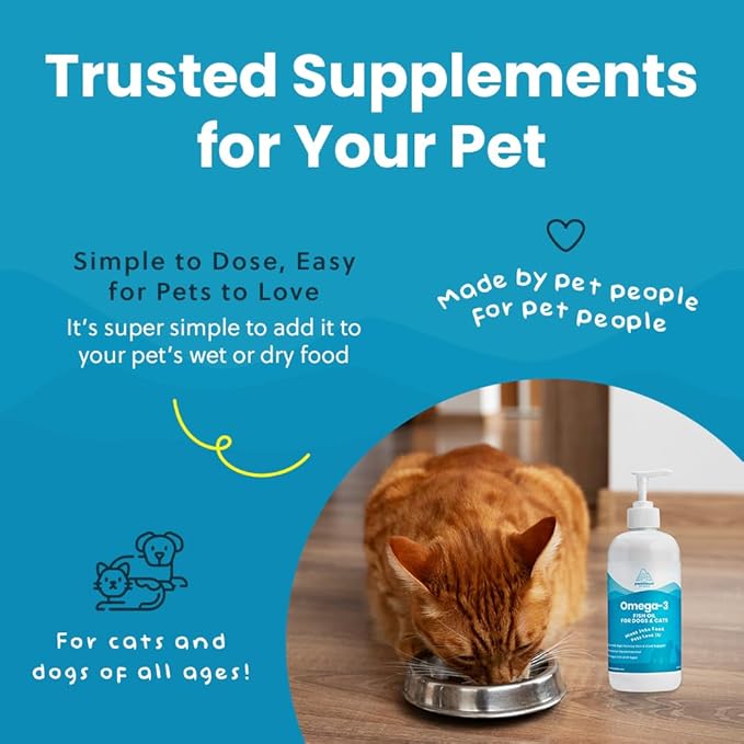 Wild-Caught Omega 3 Fish Oil for Dogs &amp; Cats, Liquid EPA DHA Supplement for Skin, Coat, Joints &amp; Heart, Low-Odor Omega 3 Drops for Small Dog Breeds &amp; Cats with Itchy Skin, 16 oz