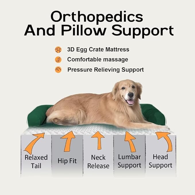 Large Dog Bed Orthopedic Washable Extra XXXLarge Big Dog Bed with Washable Bolster &amp; Memory Foam Couch Sofa - Waterproof with Removable Cover - Emerald