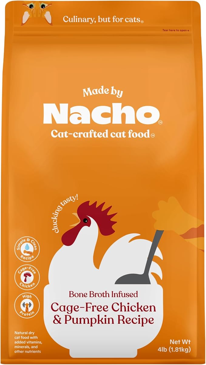 Made by Nacho Dry Cat Kibble 4lb Bag, High Protein and Grain-Friendly Premium Cat Food, Cage-Free Chicken &amp; Pumpkin Recipe, Infused with Bone Broth for Hydration, Limited Ingredients, Single Bag