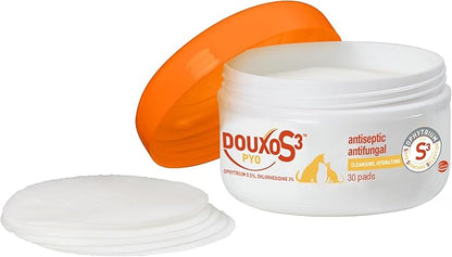 Douxo S3 Pyo Pads, Contains 3% Chlorhexidine &amp; 0.5% Ophytrium, Antiseptic &amp; Hydrating, For Bacterial or Yeast Skin Infections, For Dogs and Cats, 30 Pads