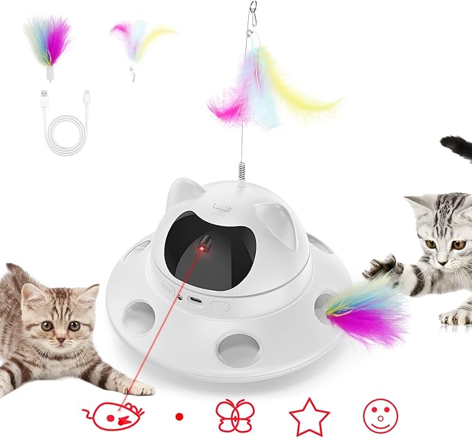 3-in-1 Cat Laser Toy &amp; Interactive Automatic Motion-Activated Kitten Toy – 6 Holes Whack-A-Mole Feather &amp; Moving Ambush Fun – USB Rechargeable, Apply to – Indoor Exercise for Cats of All Breeds