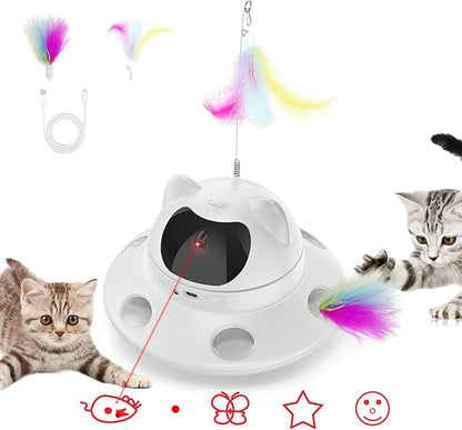 3-in-1 Cat Laser Toy &amp; Interactive Automatic Motion-Activated Kitten Toy – 6 Holes Whack-A-Mole Feather &amp; Moving Ambush Fun – USB Rechargeable, Apply to – Indoor Exercise for Cats of All Breeds