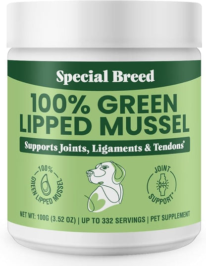 Special Breed Green Lipped Mussel Powder for Dogs &amp; Cats - 100% New Zealand - Natural Hip &amp; Joint Supplement for Joints, Tendons, Ligaments, Muscles - 100 Grams - Up to 332 Servings