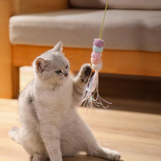 GUCHO Cat Toys for Indoor Toys,Rainbow Cat Wand Toys,Feather Flips Plush Ball Cat Toys,Interactive Real Feather Cat Toy for Teaser Play and Chase Exercise with Kitten 4 Pack