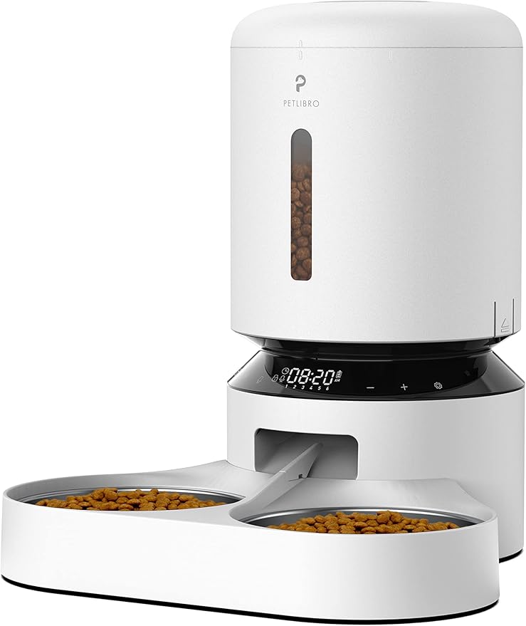 PETLIBRO Automatic Cat Food Dispenser for 2 Pets 5L Auto Dog Feeder Dry Food Dispenser with Splitter &amp; 2 Stainless Bowls, 10s Meal Call and Timer Setting 50 Portions 6 Meals Per Day, Dual Tray Feeder