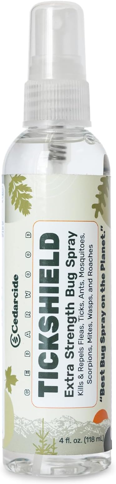 Cedarcide Extra- Strength Tickshield | Deep Woods Cedar Oil Tick &amp; Mosquito Repellent Spray Kills &amp; Repels Ticks, Fleas, Chiggers and Mosquitoes| For People &amp; Pets | Natural Essential Oils | 4 Oz