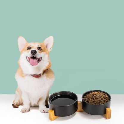 SPUNKYJUNKY Ceramic Dog and Cat Bowl Set with Wooden Stand, Modern Cute Weighted Food Water Set for Small Size Dogs (13.5OZ) &amp; Medium Sized Dogs (28.7OZ) &amp; Cats (3.6 Cups, 2 × Black)