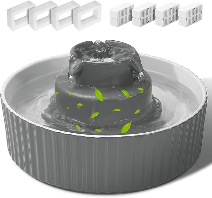 Ceramic Cat Water Fountain, 2.1L/70oz Porcelain Pet Drinking Dispenser with 4 Set Replacement Filter &amp; Sponge, Automatic Dog Water Bowl with Ultra-Quiet Pump, Cat Feeding Watering Supplies(Grey)