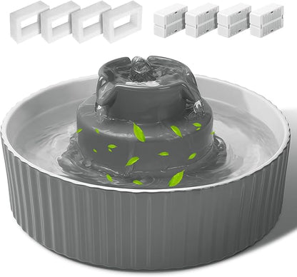 Ceramic Cat Water Fountain, 2.1L/70oz Porcelain Pet Drinking Dispenser with 4 Set Replacement Filter &amp; Sponge, Automatic Dog Water Bowl with Ultra-Quiet Pump, Cat Feeding Watering Supplies(Grey)