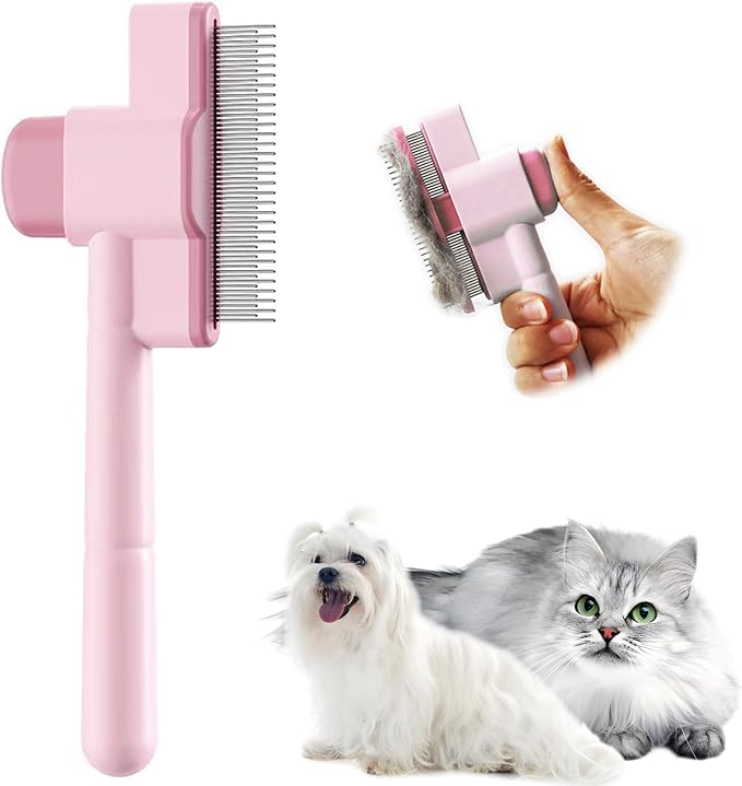 Cat Comb Pet Comb Self Cleaning Upgraded Cat Brush for Long Haired Cats &amp; Dogs, Pink