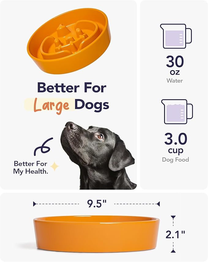 LE TAUCI Ceramic Puzzle Feeder Elevated 3 Cup with Wood Stand for Small Medium Dog &amp; Puppy, Fast Eater Raised Dish Pumpkin Orange