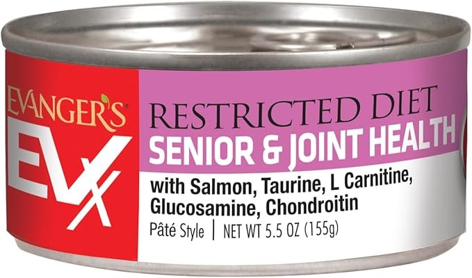 Evanger’s EVX Restricted Diet Senior and Joint Health Canned Cat Food – 24 Count, 5.5 oz Cans Each – Salmon with Taurine, L Carnitine, Glucosamine &amp; Chondroitin – Grain Free Pâté Style
