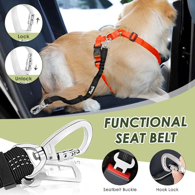 SlowTon Dog Seat Belt Harness for Car, Dog Car Harness Adjustable Mesh Breathable &amp; Dog Seatbelt Safety Tether with Elastic Bungee for Small Medium Large Pets(Orange, Double Clip, S)