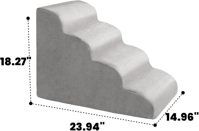 MEWANG Dog Stairs for Small &amp; Medium Dogs and Old Cats –3/4/ 5 Steps High-Density Foam Pet Ramp for Bed &amp; Couch, Non-Slip, Washable Cover, Grey (Round Corner, 4 Steps: 23.94&