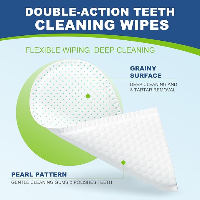 Dog Dental Care Finger Wipes, 60 PCS Teeth Cleaning Wipes for Dogs &amp; Cats, Tooth Brushing Kit Dental Wipes Reduces Plaque &amp; Freshens Breath, Disposable Gentle Cleaning &amp; Gum Care Pet Wipe