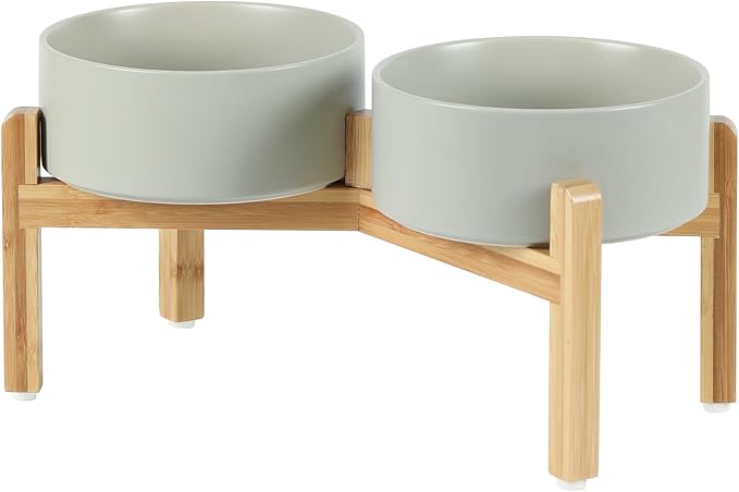 Ceramic Raised Double Bowls Set with Stand, Food &amp; Water Bowls for Medium Breed Dogs, Weighted Dog Dishes, Pet Bowl(7.3&