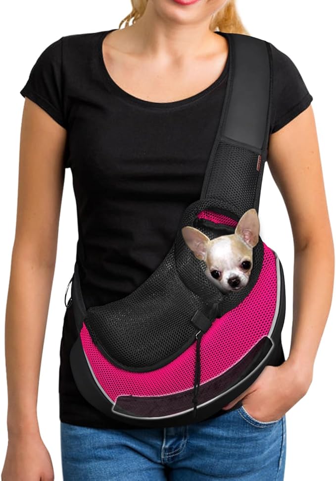 YUDODO Pet Sling Carrier for Small Dogs &amp; Cats – Hands-Free Puppy Carrier with Safety Hook, Large Zipper Pocket, Soft Breathable Mesh, Adjustable Strap &amp; Reflective Strip (Pink 3.0 M)