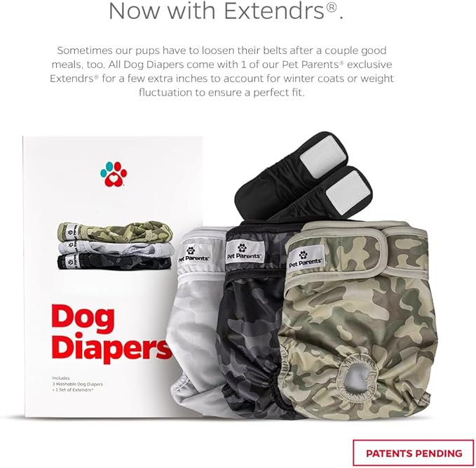 Pet Parents® Washable Dog Diapers (3pack) + Extendrs® of Durable Doggie Diapers, Premium Dog Diapers Female &amp; Male (Small, Camo)