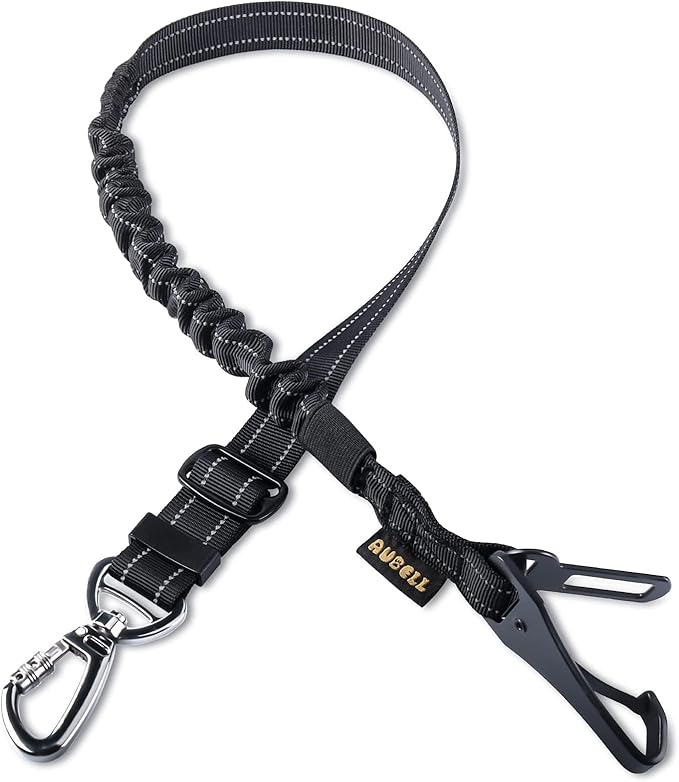 AUBELL Dog Seat Belt for Car,Updated 3-in-1 Adjustable Reflective Bungee Heavy Duty Dog Car Harness Tether with Clip Hook Latch &amp; Buckle,Swivel Zinc Alloy Carabiner,Black