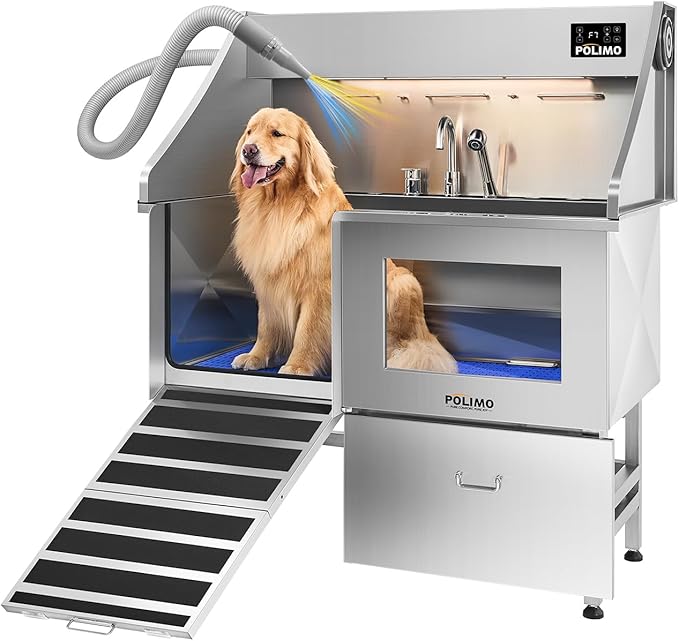 polimo Dog Wash Station with Pet Dryer &amp; LED, Professional Dog Bathing Station for Large, Medium &amp; Small Dogs – with Window, Ramp, Drawer, Floor Grate, LED Display &amp; Faucet (Left RAMP &amp; Dryer, 50")