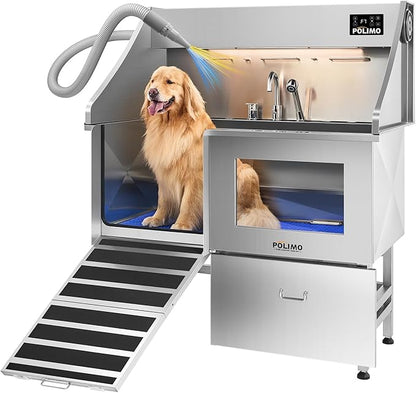 polimo Dog Wash Station with Pet Dryer &amp; LED, Professional Dog Bathing Station for Large, Medium &amp; Small Dogs – with Window, Ramp, Drawer, Floor Grate, LED Display &amp; Faucet (Left RAMP &amp; Dryer, 50")