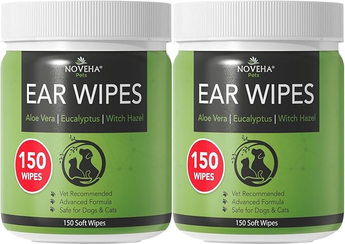 NOVEHA - Dog Ear Cleaner Wipes, Daily Ear Cleaner for Dogs &amp; Cats - Stop Ear Itching with Aloe, Eucalyptus &amp; Witch Hazel Ear Wipes for Dogs - for Odor Control, Dirt and Wax Removal, Unscented (300 Ct)