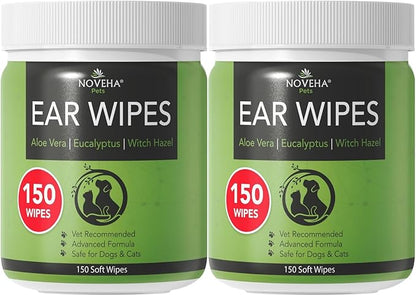 NOVEHA - Dog Ear Cleaner Wipes, Daily Ear Cleaner for Dogs &amp; Cats - Stop Ear Itching with Aloe, Eucalyptus &amp; Witch Hazel Ear Wipes for Dogs - for Odor Control, Dirt and Wax Removal, Unscented (300 Ct)