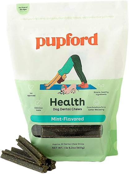 Pupford Dental Chews for Dogs, All-Natural 4-Inch Sticks for Plaque, Tartar &amp; Bad Breath, Grooved Texture, Limited Ingredients, Made in USA (30 Count)