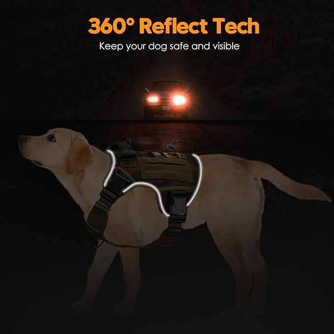 Heavy-Duty Tactical Dog Harness for Large Dogs, No Pull Adjustable Reflective Pet Vest with Molle System, K9 Military-Grade Control for Service Training, Outdoor &amp; 10+ Breeds, Green Camo, X-Large