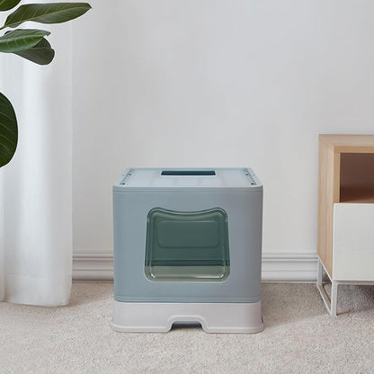 XL Foldable Cat Litter Box with Lid - Jumbo Enclosed Potty - Top Entry Anti-Splashing Toilet - Includes Scoop &amp; 2-in-1 Cleaning Brush (Blue
