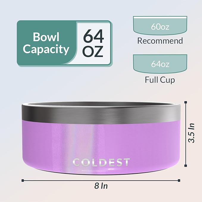 Coldest Dog Bowl - Anti Rust Metal, Non Slip, 3 Layers Insulated Stainless Steel Dog Bowls - Spill Proof &amp; Heavy Duty - Water Bowl for Dogs, Cats, Dish Washer Safe (64 oz, Saturns Purple Glitter)