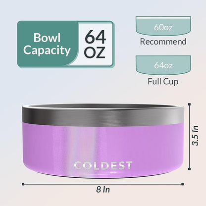 Coldest Dog Bowl - Anti Rust Metal, Non Slip, 3 Layers Insulated Stainless Steel Dog Bowls - Spill Proof &amp; Heavy Duty - Water Bowl for Dogs, Cats, Dish Washer Safe (64 oz, Saturns Purple Glitter)