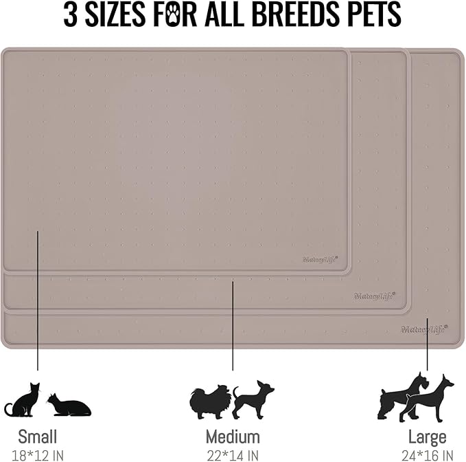 MateeyLife Dog &amp; Cat Food Water Mat for Floors Waterproof, Nonslip Pets Bowl Feeding Mats with Raised Edges, Silicone Matt Tray for Messy Drinkers, 24"x16", Taupe