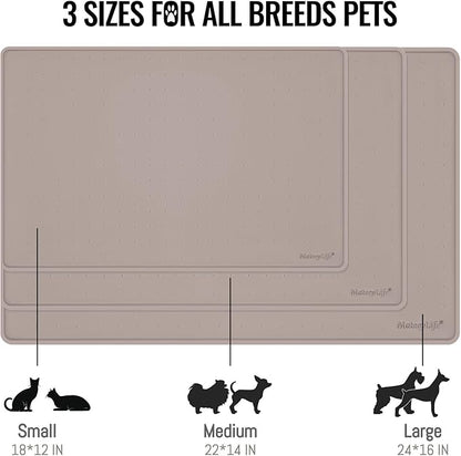 MateeyLife Dog &amp; Cat Food Water Mat for Floors Waterproof, Nonslip Pets Bowl Feeding Mats with Raised Edges, Silicone Matt Tray for Messy Drinkers, 24"x16", Taupe