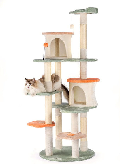 HYABi 63-inch Cat Tree for Large Cats, Multi-Level Flower Tower with Condo, Sisal Scratching Posts &amp; Toy Balls, Sturdy &amp; Safe Indoor Playhouse