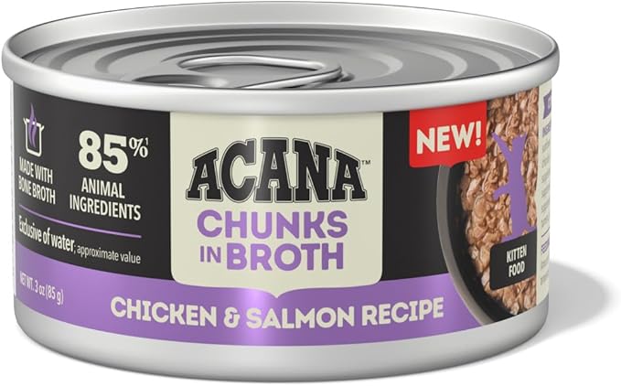 ACANA Chunks in Broth Wet Cat Food Chicken &amp; Salmon Recipe for Kittens 3oz Cans (12 Count)