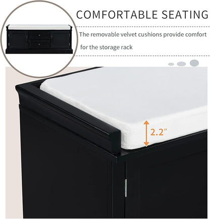 Storage Bench with 2 Drawers and 2 Cabinets, Pine Wood Shoe Bench with Removable Cushion for Living Room, Entryway 42.5" L x 15.9" W x 17.5" H (Black)