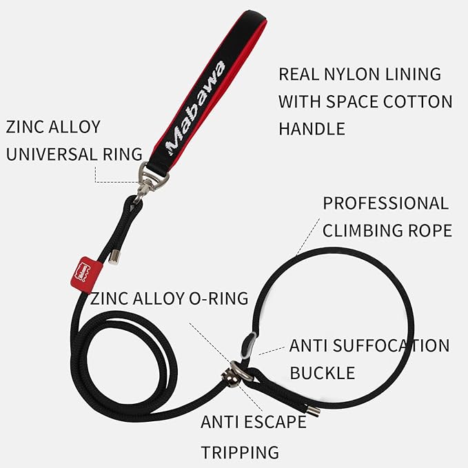 Dog Anti-Slip Leash 5FT with Metal Stopper - Durable No-Pull Training Lead for Small, Medium &amp; Large Dogs - Comfortable Handle Nylon Rope, Tangle-Free Pet Walking Leash (Black, 5 FT)
