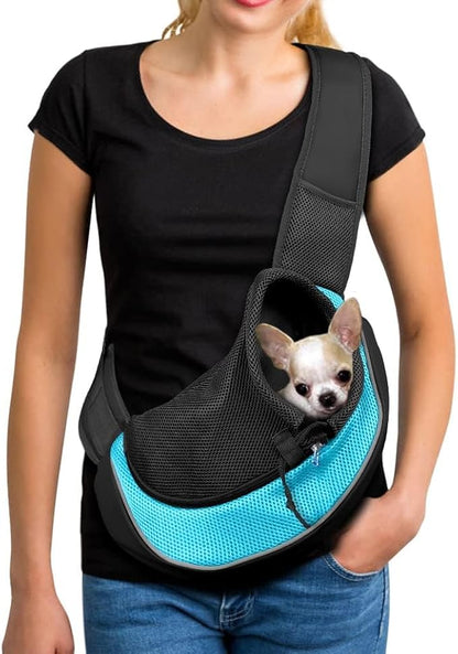 YUDODO Pet Sling Carrier for Small Dogs &amp; Cats – Hands-Free Puppy Carrier with Safety Hook, Large Zipper Pocket, Soft Breathable Mesh, Adjustable Strap &amp; Reflective Strip (Cyan 2.0 M)