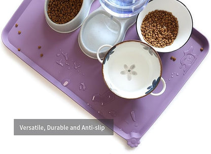 Hoki Found X-Large Silicone Pet Food Mats - Non-Slip Pet Dog Cat Bowl Placemats - Waterproof Food &amp; Water Mats for Carpet - Amethyst