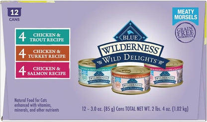 Blue Buffalo Wilderness Wild Delights High Protein Grain Free, Natural Adult Meaty Morsels Wet Cat Food, Ⲥhicken &amp; Turkey, 𝙲hicken &amp; Trout, 𝐂hicken &amp; Salmon 3-oz cans (12 count - 4 of Each Flavor)