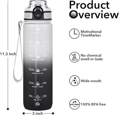 32oz Motivational Water Bottles with Time Marker &amp; Fruit Strainer, Transparent Gradient Color Water Bottle with Times to Drink, Leakproof &amp; BPA Free, Reusable Bottle with Strap (No Straw)