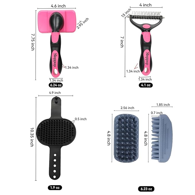 Dog Brush Kit for Grooming Short &amp; Long Haired Dogs &amp; Cats, 4-in-1 Pet Grooming Set with Self-Cleaning Slicker Brush, Deshedding Tool, Shampoo Bath Comb, Massge Comb (Pink Black)