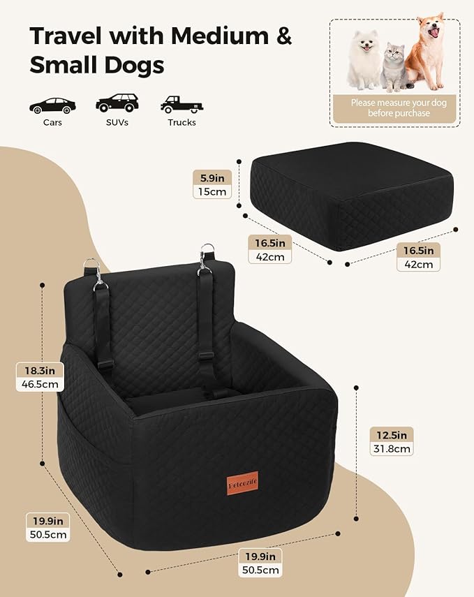 Dog Car Seat for Small &amp; Medium Dogs Under 35lbs, Detachable &amp; Washable Pet Car Seat, Interior Height 6 Inches Pet Travel Bed with Storage Pockets and 2 Dog Safety Belts (Black)