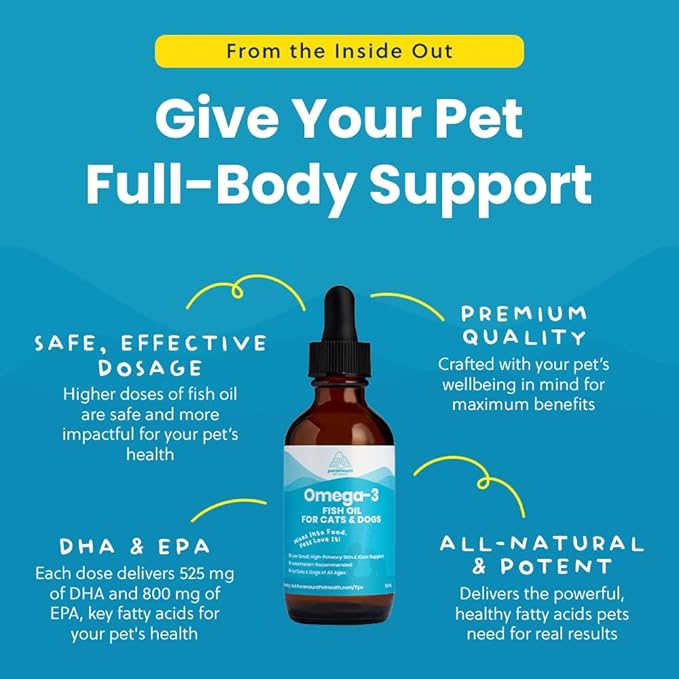 Wild-Caught Omega 3 Fish Oil for Dogs &amp; Cats, Liquid EPA DHA Supplement for Skin, Coat, Joints &amp; Heart, Low-Odor Omega 3 Drops for Small Dog Breeds &amp; Cats with Itchy Skin, 2 oz