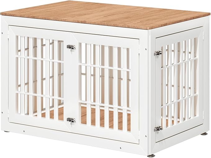 48" Heavy Duty Dog Crate Furniture for Small,Medium and Large Dogs,Rustic Wooden Dog Cage Kennel Indoor Furniture with Waterproof Top,Decorative Pet House Side End Table (White &amp; Wood)