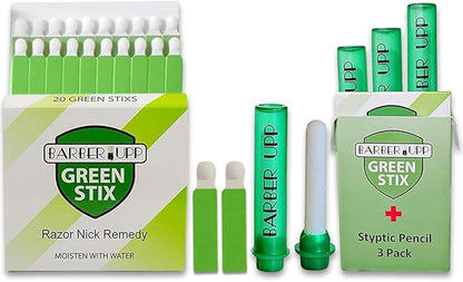 Green Stix + Styptic Pencil Set - 3 Pencils + 20 Aluminum Sulfate Sticks to Block &amp; Stop Bleeding Fast from Razor Shaving Nicks &amp; Minor Cuts - Anti-Bleed Shaving Accessory Men &amp; Women