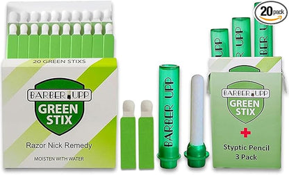 Green Stix + Styptic Pencil Set - 3 Pencils + 20 Aluminum Sulfate Sticks to Block &amp; Stop Bleeding Fast from Razor Shaving Nicks &amp; Minor Cuts - Anti-Bleed Shaving Accessory Men &amp; Women